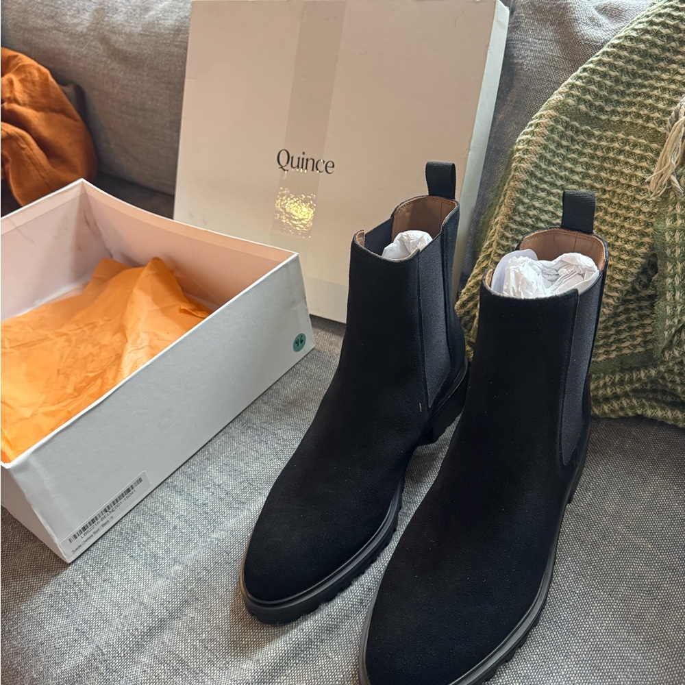 Quince Black Suede Chelsea Boots with Pull Tabs - Picture 1 of 10